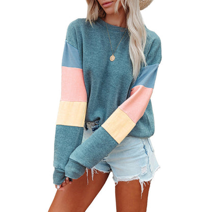 Pullover Sweatshirt Women Spring Autumn Round Neck Long Sleeve Contrast Color Long Sleeve T Shirt Women