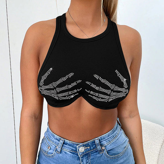 Women Clothing Summer Rhinestone Slim Fit round Neck Cropped Small Tank Top