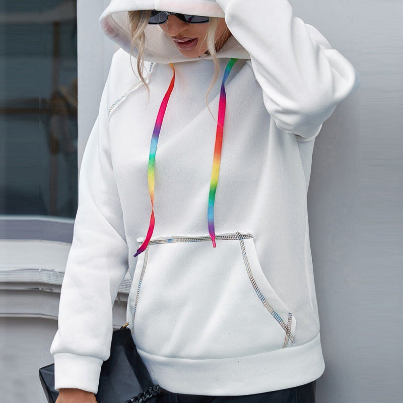 Loose Casual Hooded  Rainbow Ribbon Multicolor   Top Women Hoodie