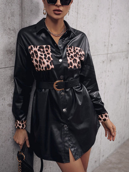Mid Length Faux Leather Shirt Leopard Print Splicing Machine Vehicle Cover Trench Coat Women