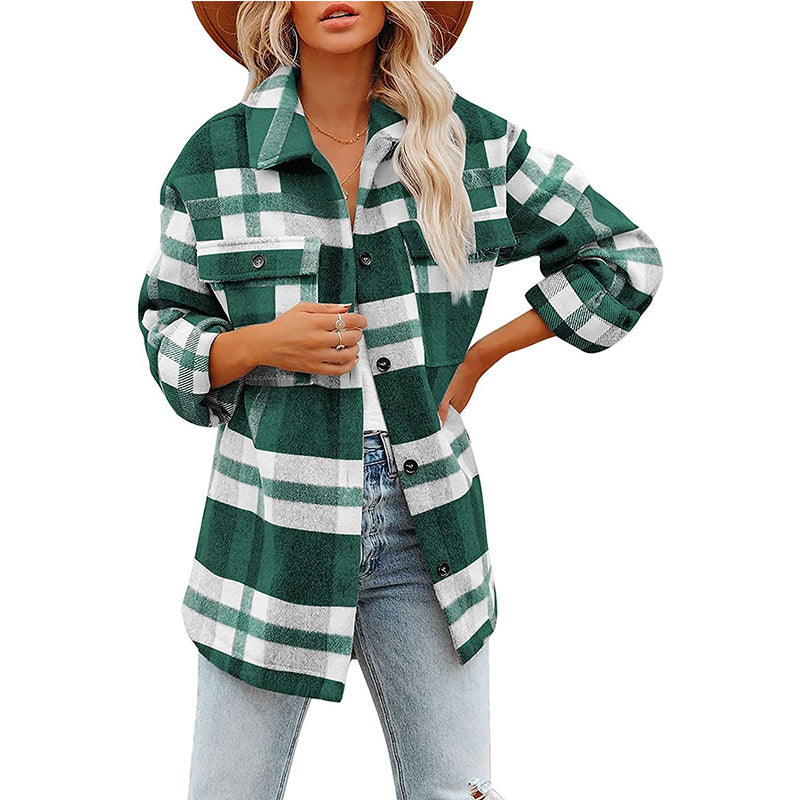 Women Clothing Autumn Winter New  Plaid Button Shacket Flannel Woolen Coat Coat