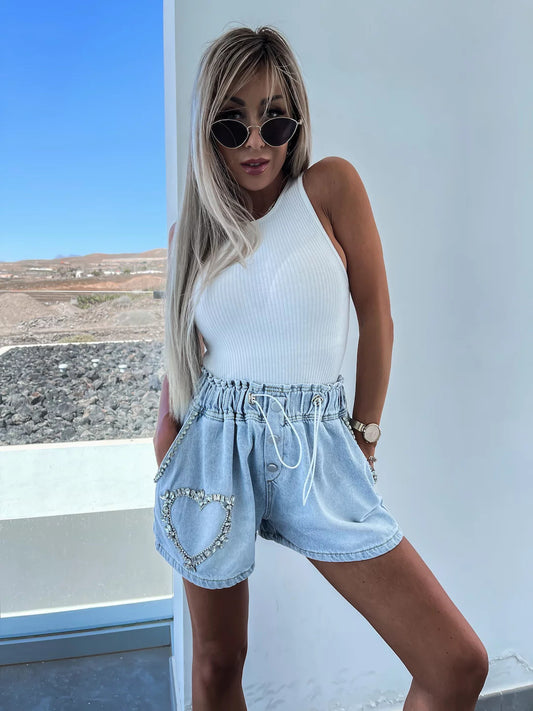 Summer Casual Heavy Industry Rhinestone All Matching Denim Shorts Women