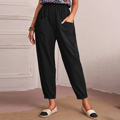 Fall High Waist Solid Color Elastic Waist with Pocket Fashionable Comfortable Skinny Pants Cropped Pants