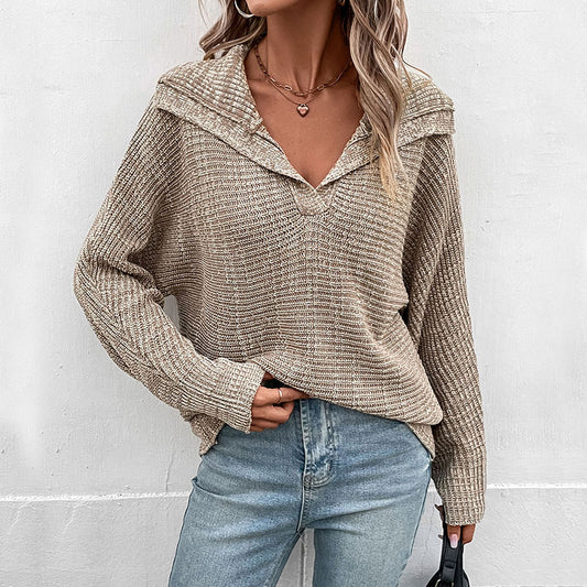 Women Wear Autumn Winter Solid Color Long Sleeve Collared Sweater