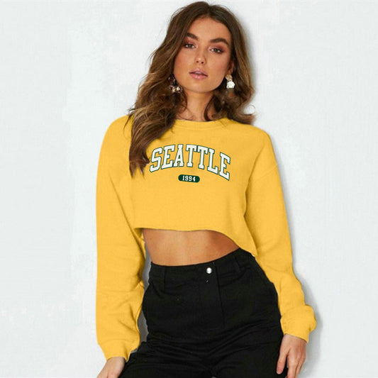 Women Clothing Autumn Winter Seattle Letter Graphic Printing Short Loose Long Sleeves Sweater