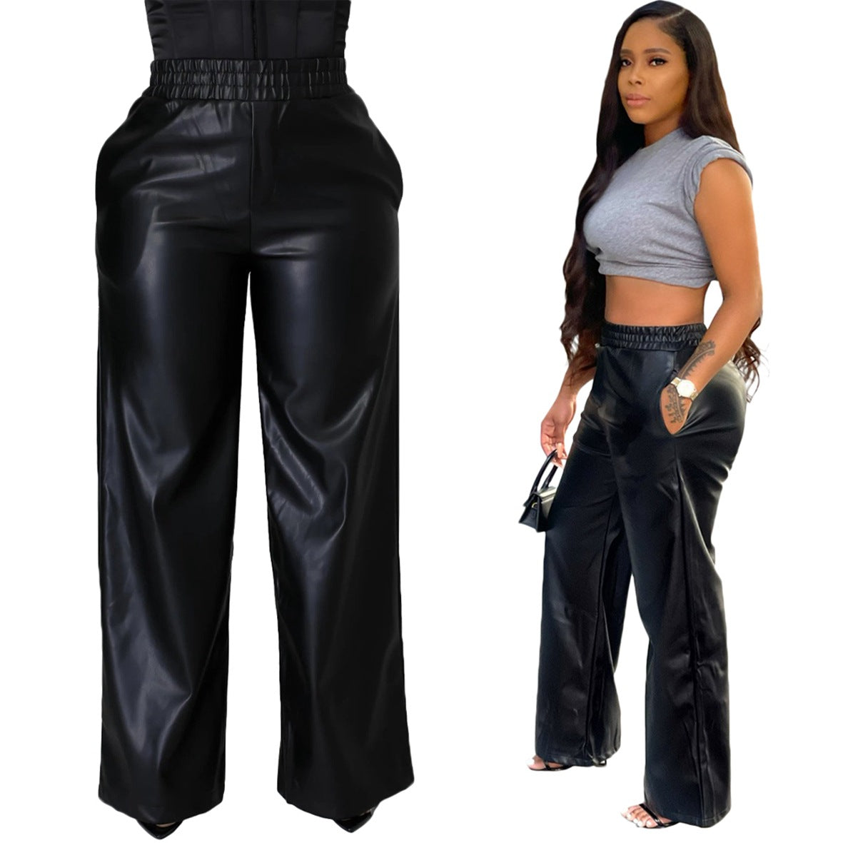 Women Clothing Solid Color Loose Wide Leg Pocket Faux Leather Pants