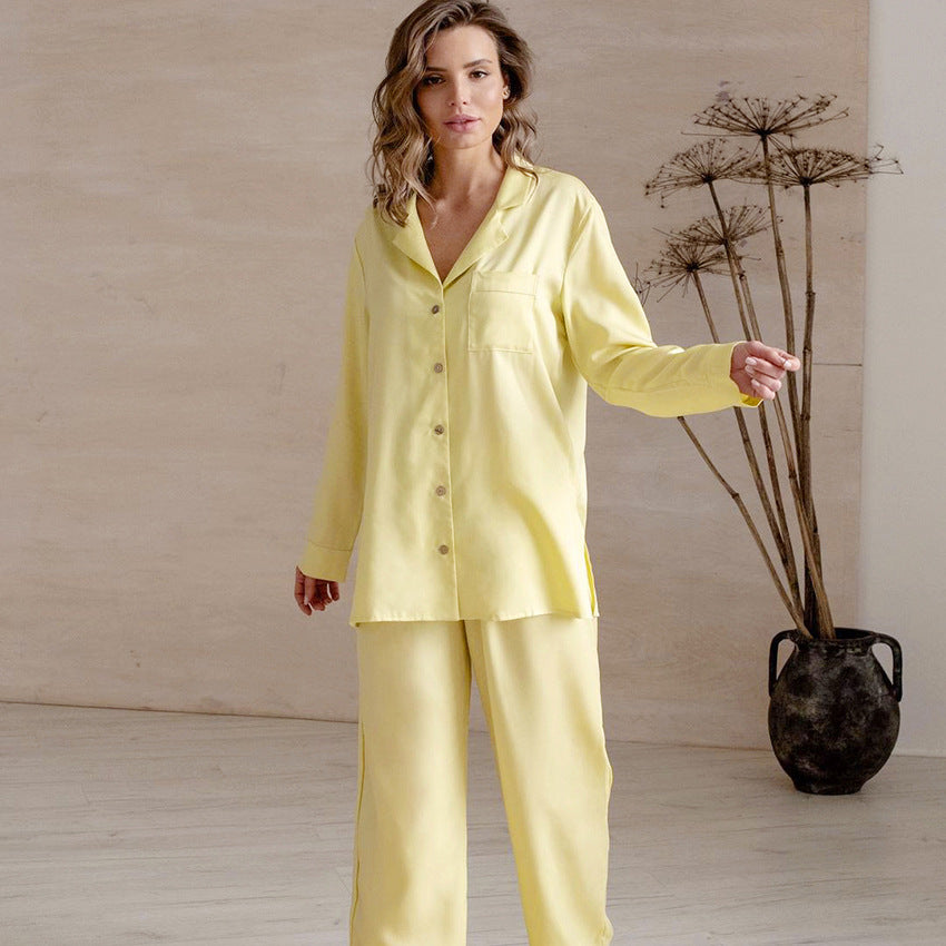 French Yellow Artificial Silk Long Sleeve Trousers Simple Solid Color Home Wear Women Pajamas