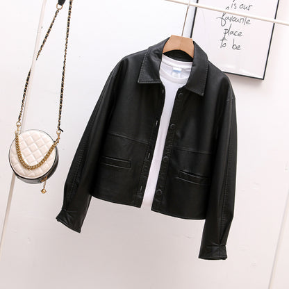 Single Breasted Faux Leather Coat Women Short Lapels Coat Spring Autumn Tops