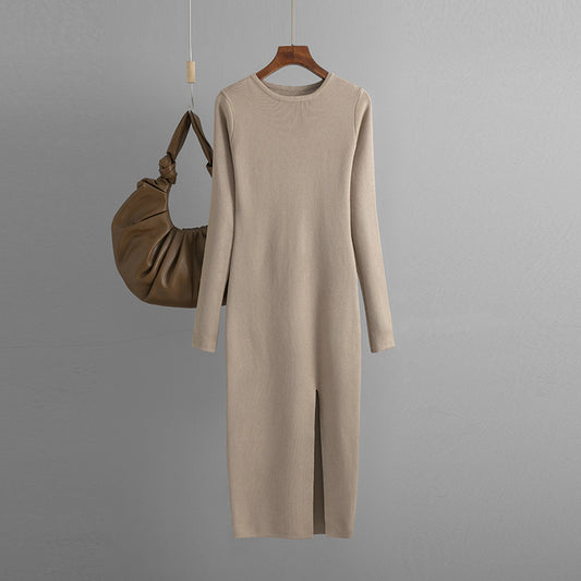 Autumn Winter Slim Fit Knitted Dress Women Inner Wear Outer Wear Mid Length Long Sleeve Tight Bottoming Hip