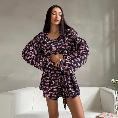 Summer Printed Sling Pajamas Casual Three Piece Set Comfortable Ladies  Homewear