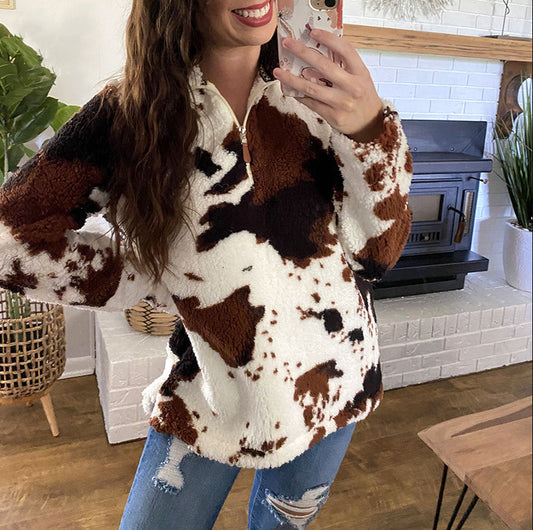 Autumn Winter Casual Plush Coat Women Cow Printed Zipper