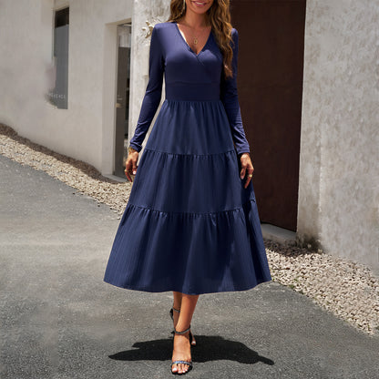 Autumn Dress Office V neck Long Sleeve Pleated Elegant Dress