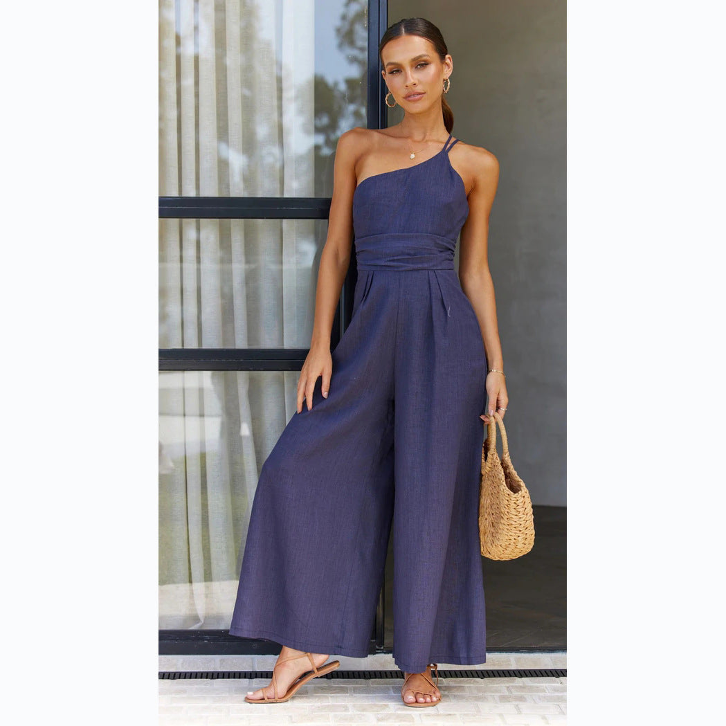 Spring Summer Solid Color Loose Wide-Leg Cotton Linen Jumpsuit