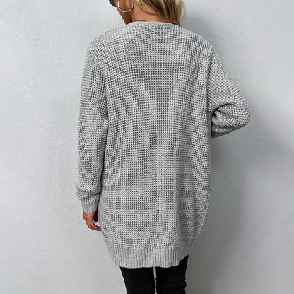 Autumn Winter Women Knitted Sweater Solid Color Pocket Sweater Women Cardigan Coat