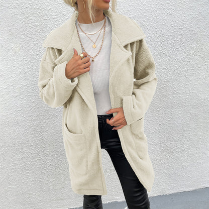 New Autumn Winter New  Women  Clothing Blazer Collar Solid Color Women  Long Plush Coat Top Women