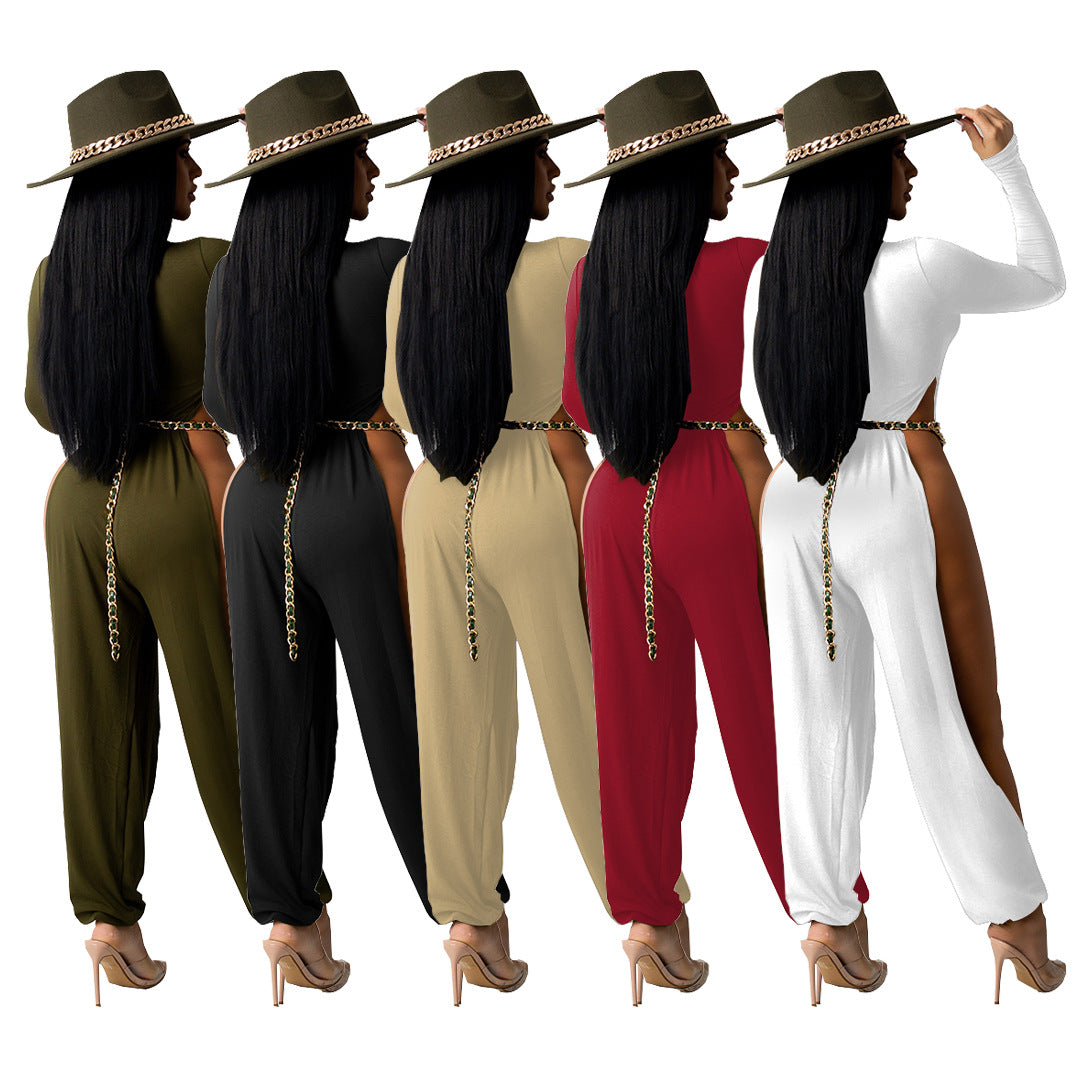 Women Clothing Sexy Open-Leg Jumpsuit Solid Color High-Elastic Artificial Cotton Fabric Jumpsuit for Women