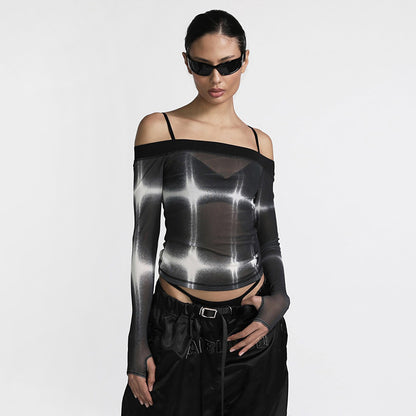 Trend 3D Printed Contrast Color Long Sleeves Short Mesh Top Women Slim Fit Sexy See Through