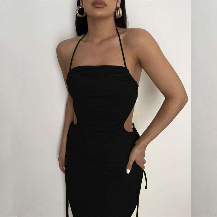 Spring Summer Women off-Neck Halter One-Step Dress Hollow out Cropped Backless Sleeveless Sexy Dress