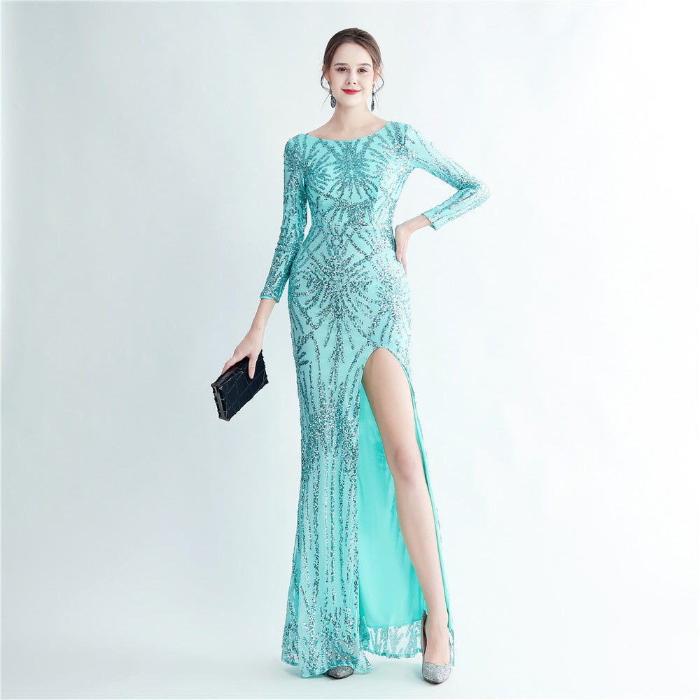 Sequined Long Sleeve Split High End Evening Dress