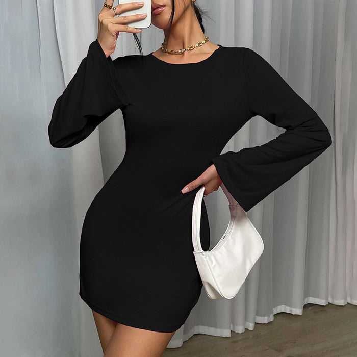 Women Clothing Sexy Backless round Neck Pullover Bell Sleeve Hip Dress Long Sleeve Dress