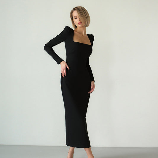 Autumn Winter Women  Clothing Maxi Dress Square Collar French Black Dress Slim Fit Sheath Design Dress for Women