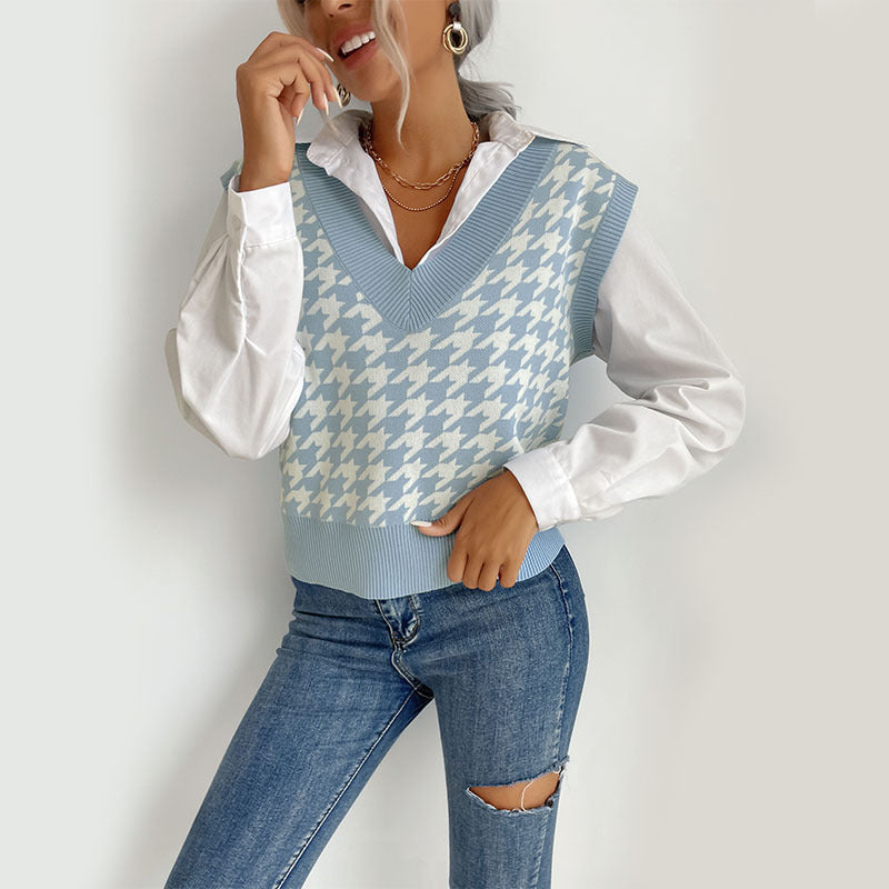 Autumn Houndstooth V neck Women Sweater Vest Knitted Vest