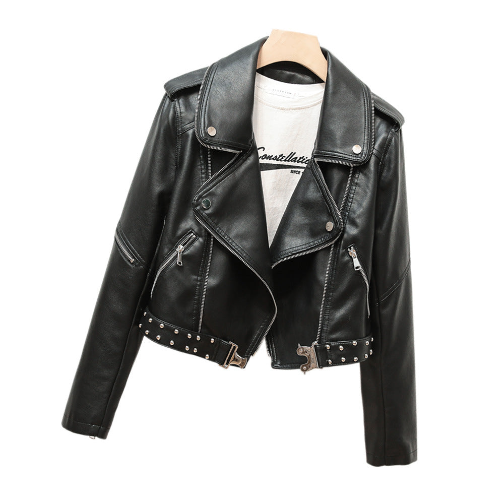 Waist Belt Rivet Heavy Industry Zipper Decorations Collared Women Faux Leather Coat Epaulet Leather Jacket Coat