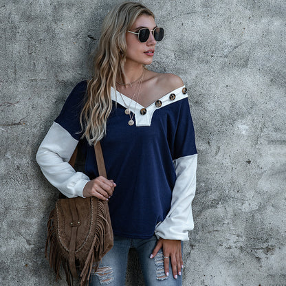 Spring Women Clothing V neck Double Breasted Solid Color Stitching Button Pullover Sweater T shirt  Women