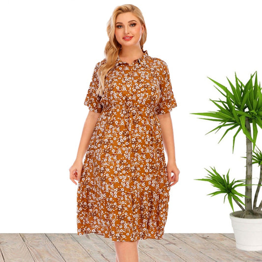 Plus Size Summer Women Clothes Short Sleeve Blouse Collar Printing Rayon Dress