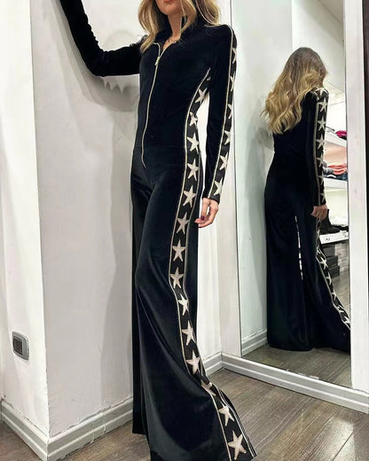 Women Velvet Stitching Printed Long Sleeved Wide Leg Jumpsuit