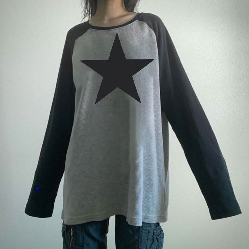 Five Pointed Star Retro Raglan Color Contrast Long Sleeve T Shirt Women Old Neutral Lazy Casual Loose Pullover Top