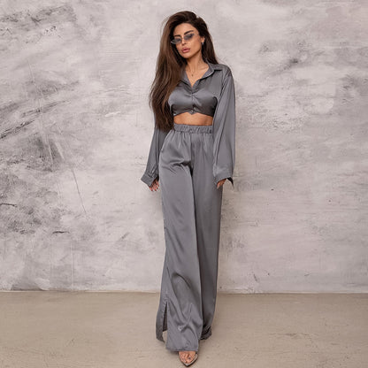Spring Solid Color Pajamas Outfit Top Trousers Loose Casual Simple Outerwear Women
