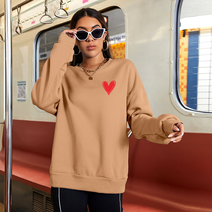 Casual  Love Heart Line Letter Graphic Print round Neck Long Sleeve Sweater Sweatshirt