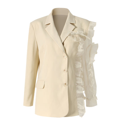 Women Spring Asymmetric Ruffled Mesh Stitching Profile Blazer