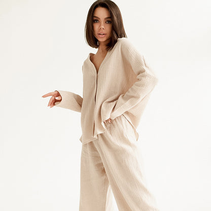 Summer Double Layer Crepe V-neck French Loose Comfortable Long Sleeve Pajamas Women  Cotton Linen Homewear Set