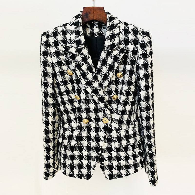 Autumn Winter Double-Breasted Slim Houndstooth Woolen Tweed Blazer Jacket