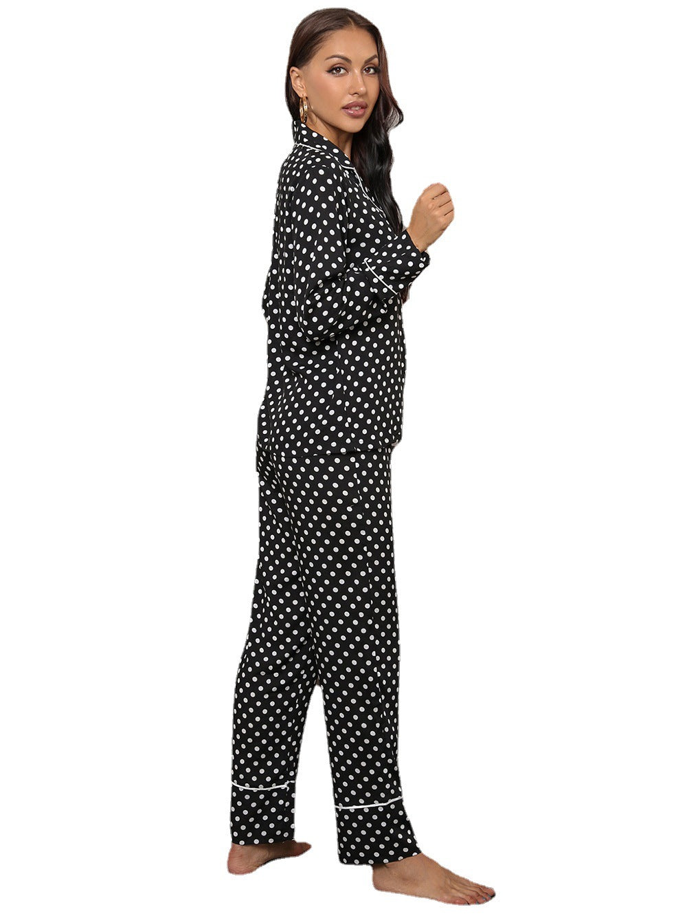 Home Wear Polka Dot Collared Cardigan Top Trousers Home Pajamas Suit