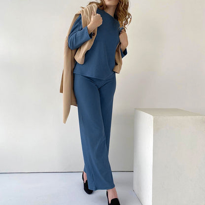 Loose Comfortable Pajamas Two Piece Long Sleeve Pants Artificial Silk Texture Home Wear for Women