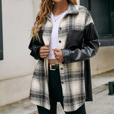 Loose Plaid Color Matching Shirt Casual Double Pocket Plaid Faux Leather Stitching Shacket Women