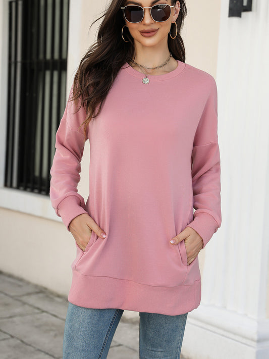 Autumn Winter Women Clothing Sweater Women Round Neck Long Sleeve Pocket Medium Long Trousers Women Top