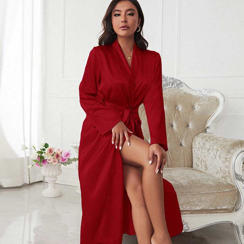 Imitated Silk Pajamas Sexy Lace Bathrobe Slip Nightdress Two Piece Women Artificial Silk Nightgown