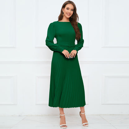 Autumn Winter Round Neck Bubble Long Sleeve Pleated A Line Mid Length Slim Dress