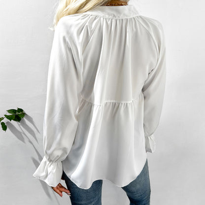 Autumn Winter White Shirt Bell Sleeve Bow Casual Top
