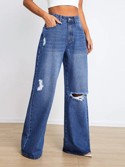 Ripped Jeans Women High Waist Wash Trousers Unique All Match Ripped Jeans