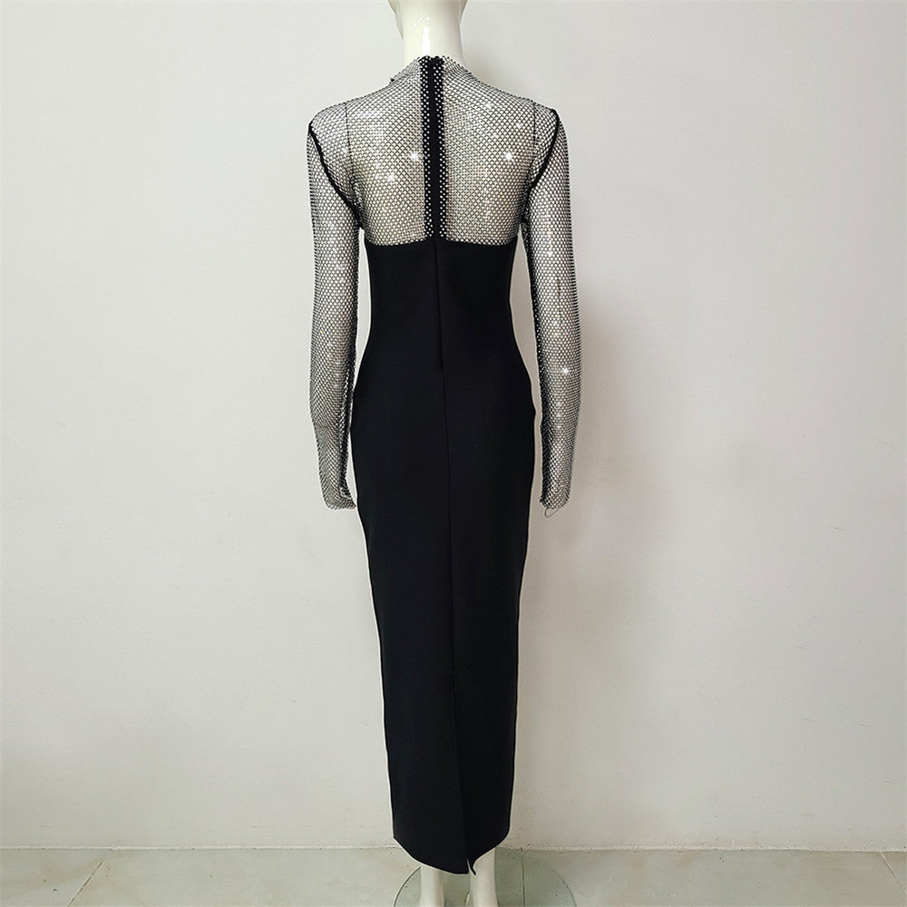 Sexy Net Drill Stitching Bandage One Piece Dress Long Sleeve Tight Stretch Party Cocktail Evening Dress