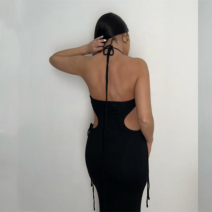 Spring Summer Women off-Neck Halter One-Step Dress Hollow out Cropped Backless Sleeveless Sexy Dress