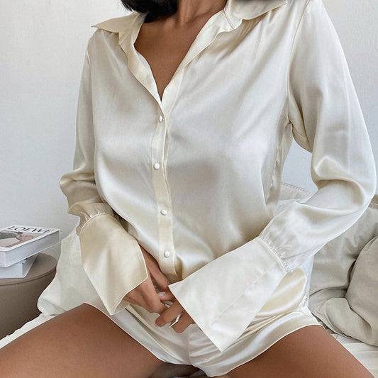 Spring Summer Casual Ice Silk Shorts Two Piece Set Pajamas Artificial Silk Women Set Homewear