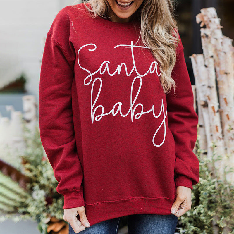 Christmas Sweater Autumn Winter Letter Graphic Printed Round Neck Pullover Casual Top Women