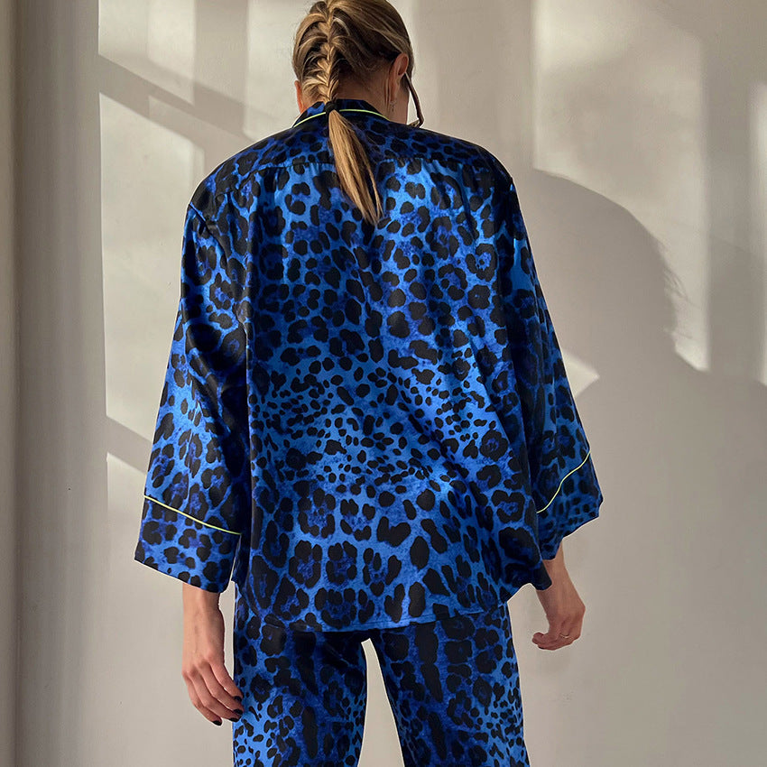 Autumn Blue Leopard Print Loose Comfortable Soft Women Pajamas Cardigan Trousers Two Piece Home Wear