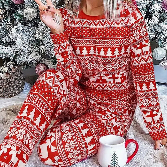 Pullovers Home Wear Red Long Sleeved Trousers Christmas Snowflake Pajamas Women Autumn Winter Suit